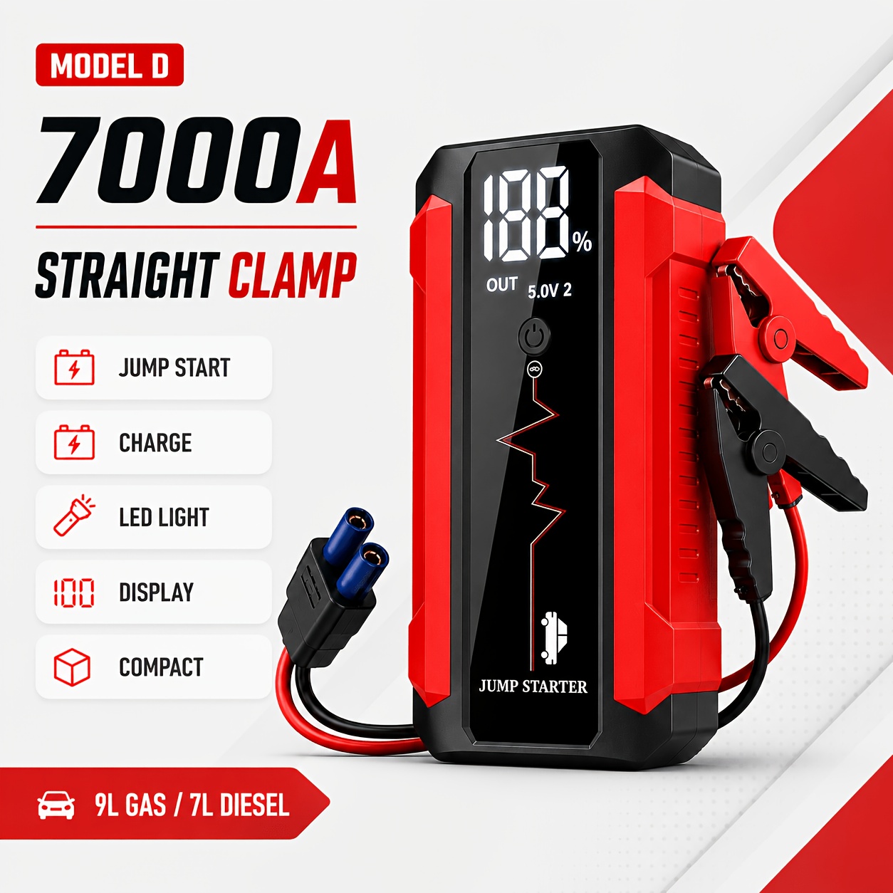 TEMU Kopuo 7000a/8000a Jump Starter Optional 10000a 12v Car Jump Starter With Air Compressor, Heavy Duty Pack With 160psi Portable Tyre Inflator,