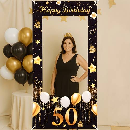 1pc black golden birthday banner 120x60cm happy birthdayand 50 patterns background cloth 50 years old birthday party supplies ideal for birthday party selfies suitable for photo props for 50th birthday decor
