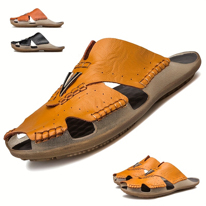 Men's Solid Stitching Split Leather Closed Toe Slip On Slides ...