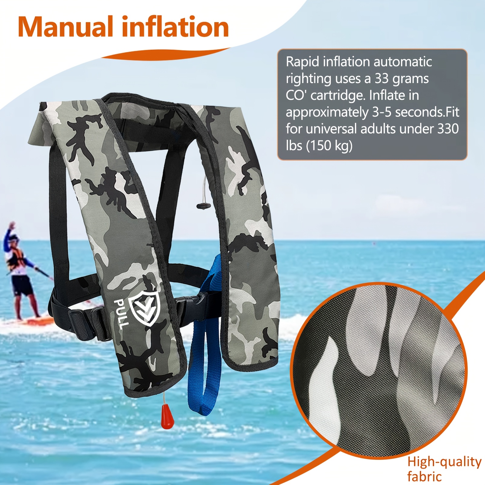 TEMU 607 Manual Inflatable Life Jacket: Enjoy Water Sports! Compact, Comfortable With Adjustable Shoulder Straps, Fishing, Kayaking, Sailing, Up To 330 Lbs Capacity
