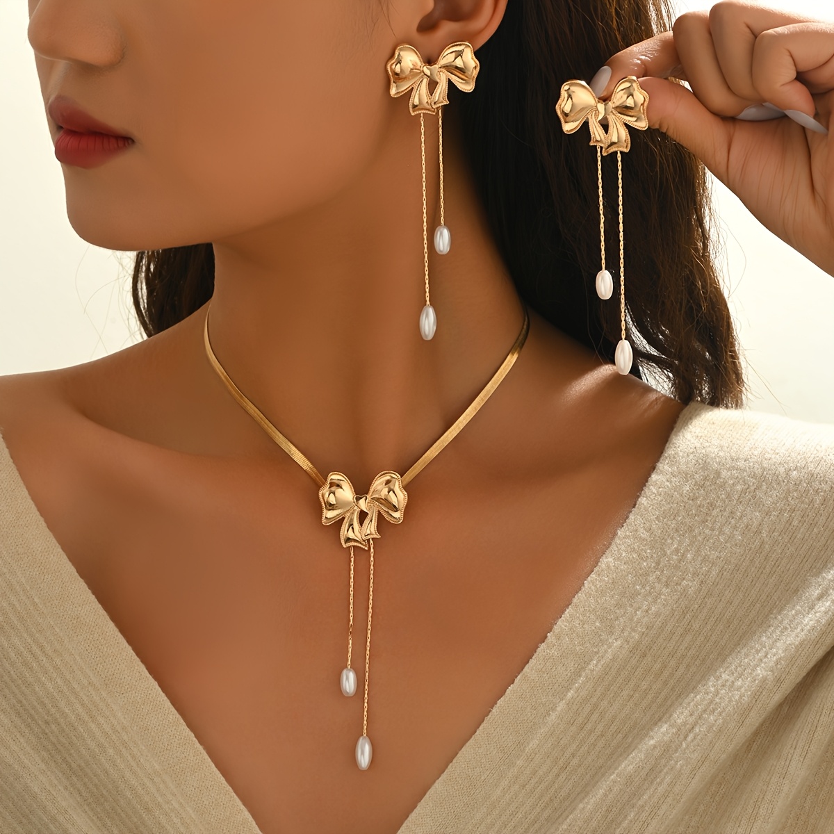 TEMU 2pcs Set: Sweet, Stylish, And Elegant With Tassels, With A Chain Necklace And Earrings. Suitable For Parties And As A Holiday Gift