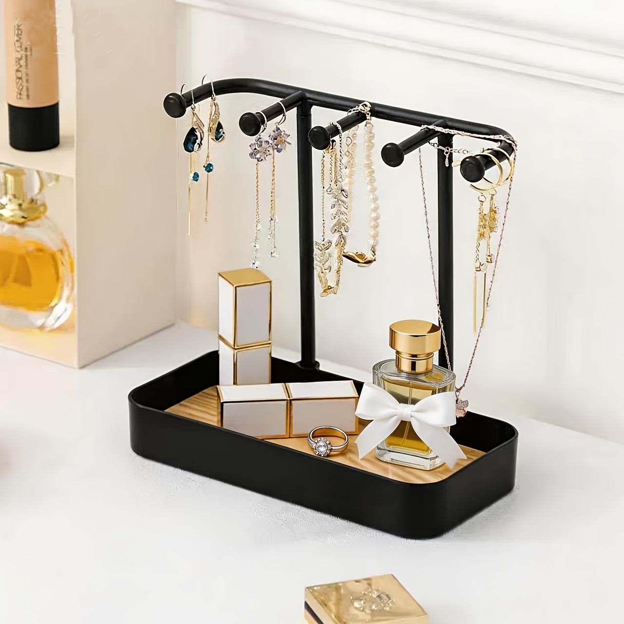Jewelry Organizer, Jewelry Box For Necklace, Earrings, Jewelry, Keys, Perfume, Lipstick, Glasses, And Watch Storage, Black, White, Pink, Jewelry Towers