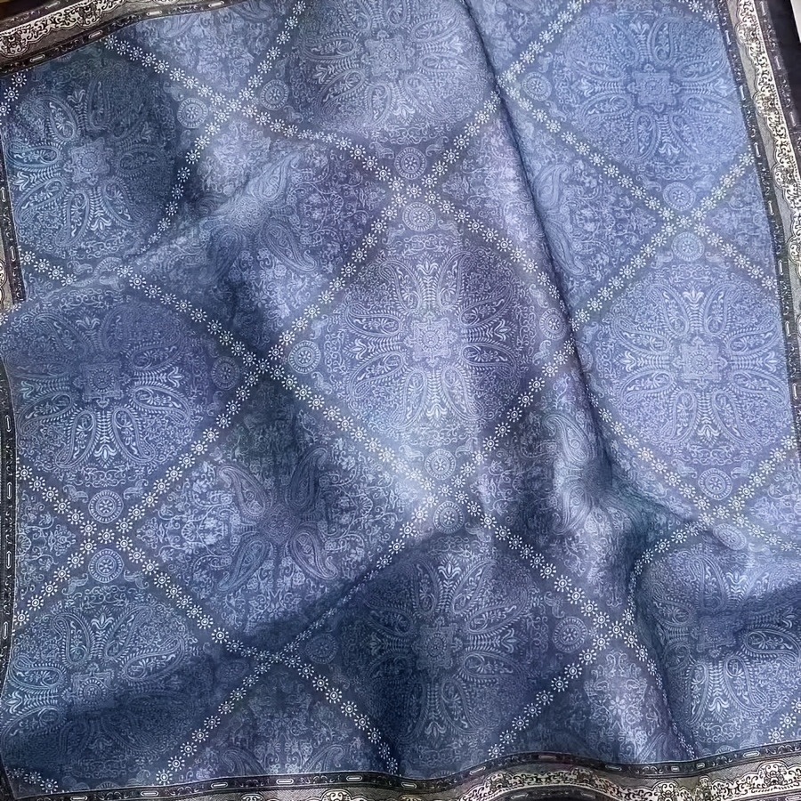 TEMU Oaw Luxury 100% - Blue Paisley Print With Black Border, Vintage European Suitable For , Breathable Non-elastic Suitable For Outdoor, Office,