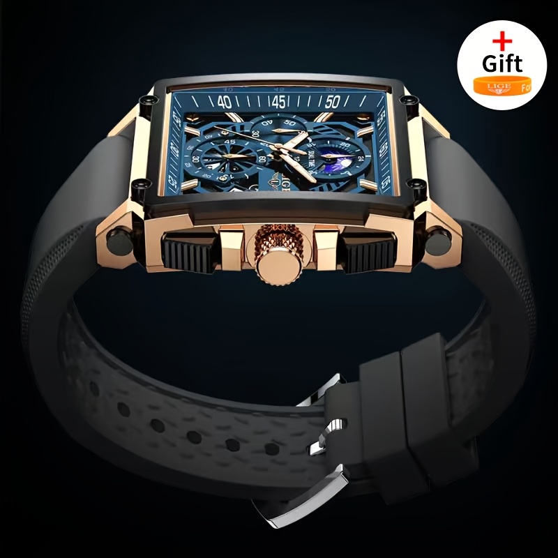 Image of New Lige Mens Watches Luxury Hollow Square Sport Watch Fashion Silicone Strap Quartz Wristwatch.
