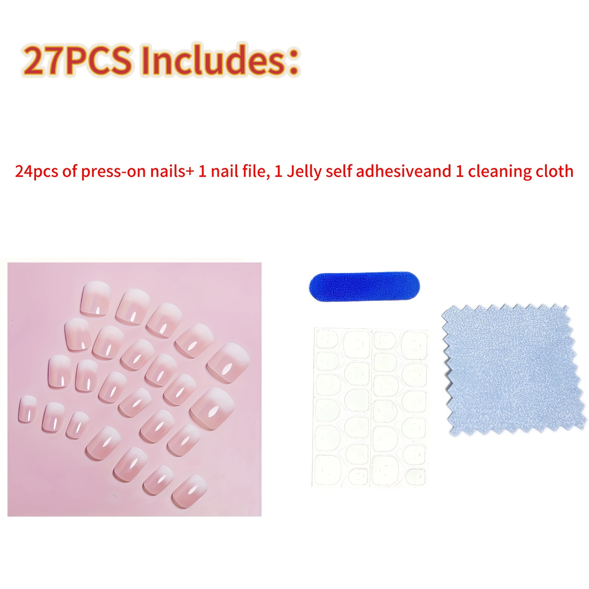 TEMU 27pcs (contains 24pcs Nail Tips, 1pc Nail File, 1 Sheet Jelly Self-adhesive Tabs And 1pc Cleaning Cloth) Gradient Press-on Nails - Women's Short