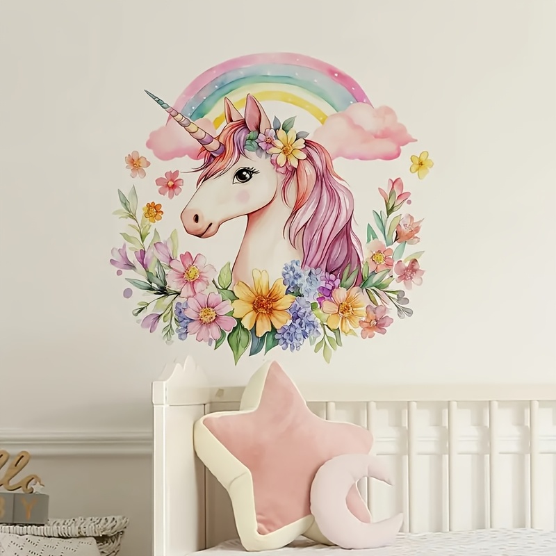 1pc Unicorn And Rainbow Floral Decal Sticker, Artistic Decoration For Bedroom Living Room Home Decor