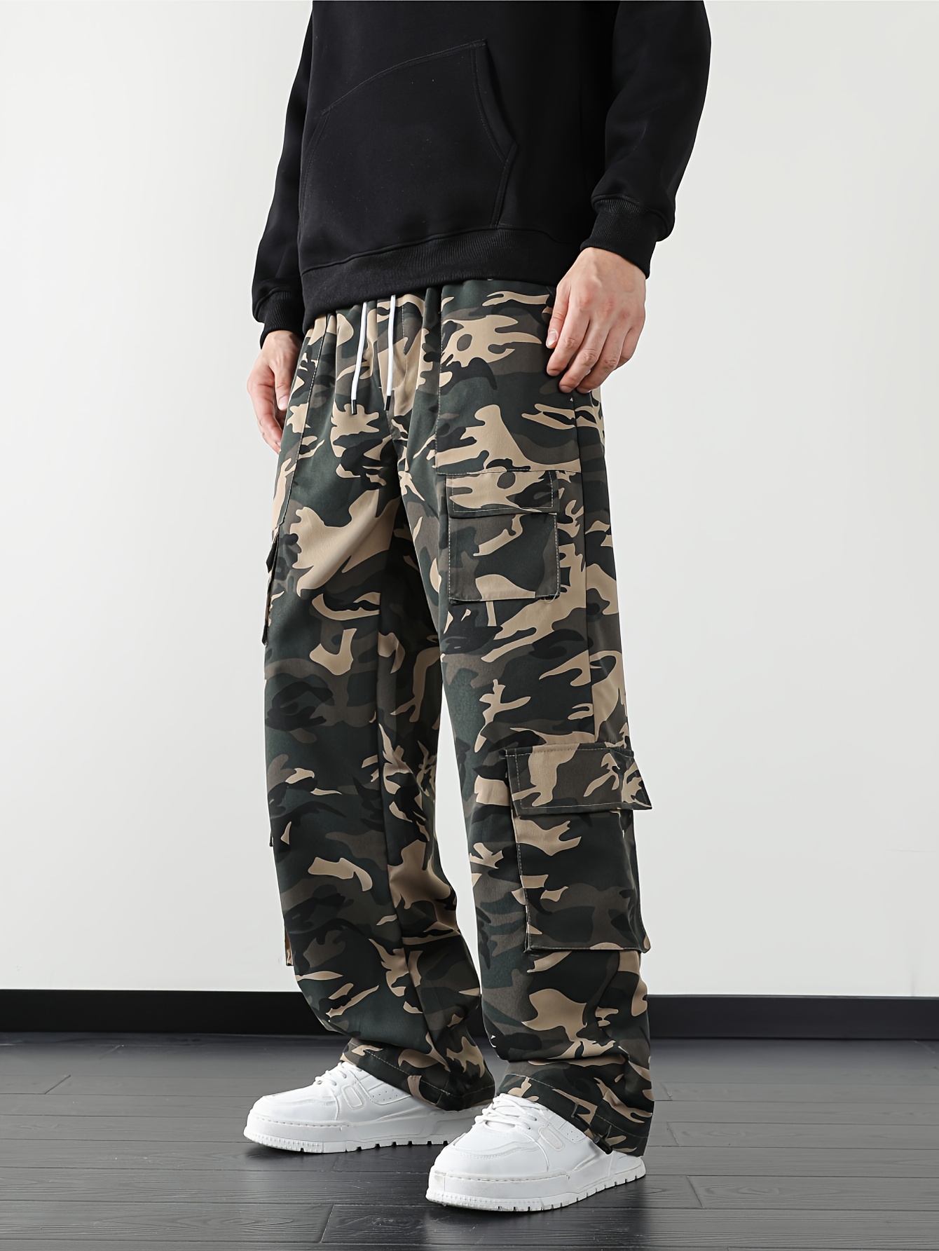 Men's Camouflage Print Multi-Pocket Cargo Pants, Elastic Waistband with Adjustable Legs, Fashion Wide-Leg Trousers