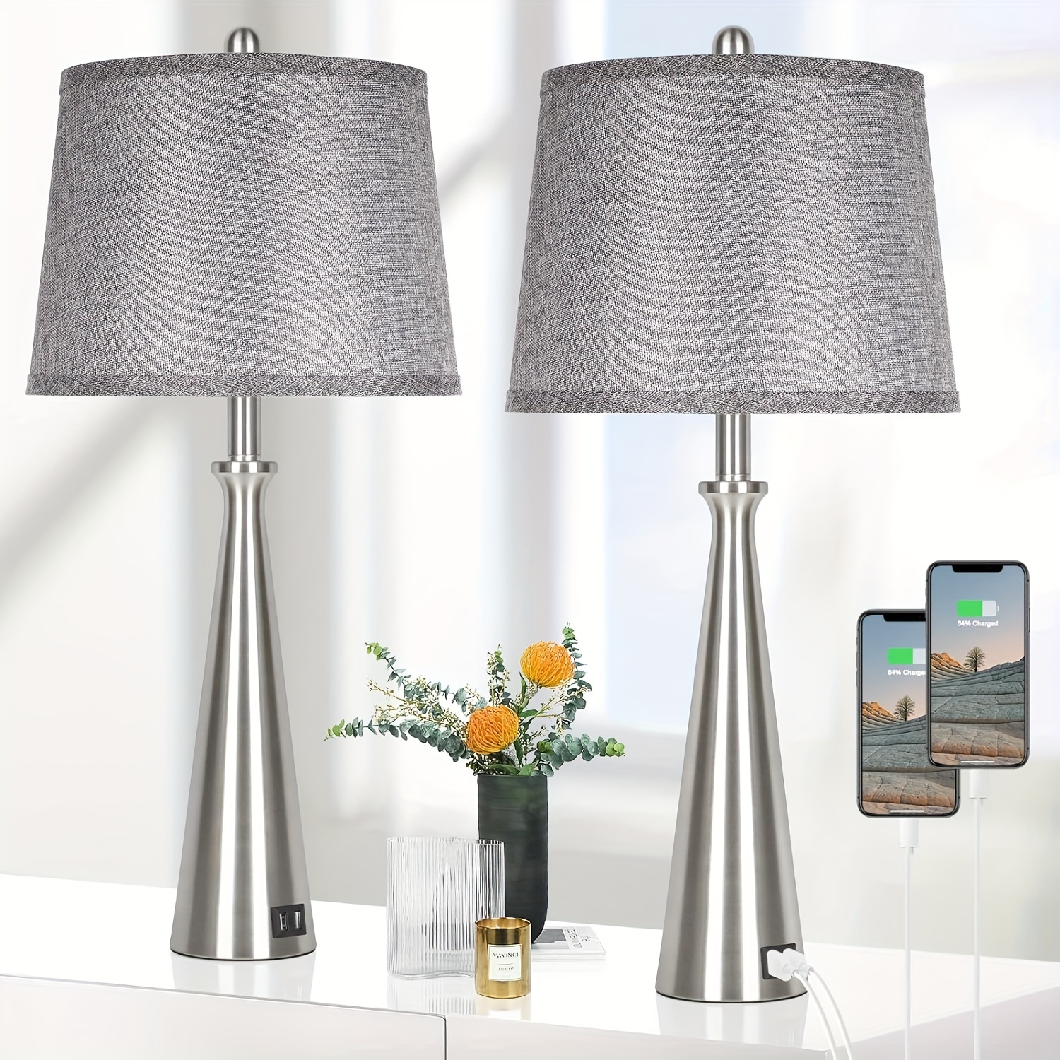 

Set Of 2 Table Lamps With 2 Usb Charging Ports, Bedside Lamp With Grey Shade, 26.4 Inch Tall Nickel Nightstand Lamp With Rotary Switch, Desk Lamp With E26 Edison Socket For Living Room Bedroom Office