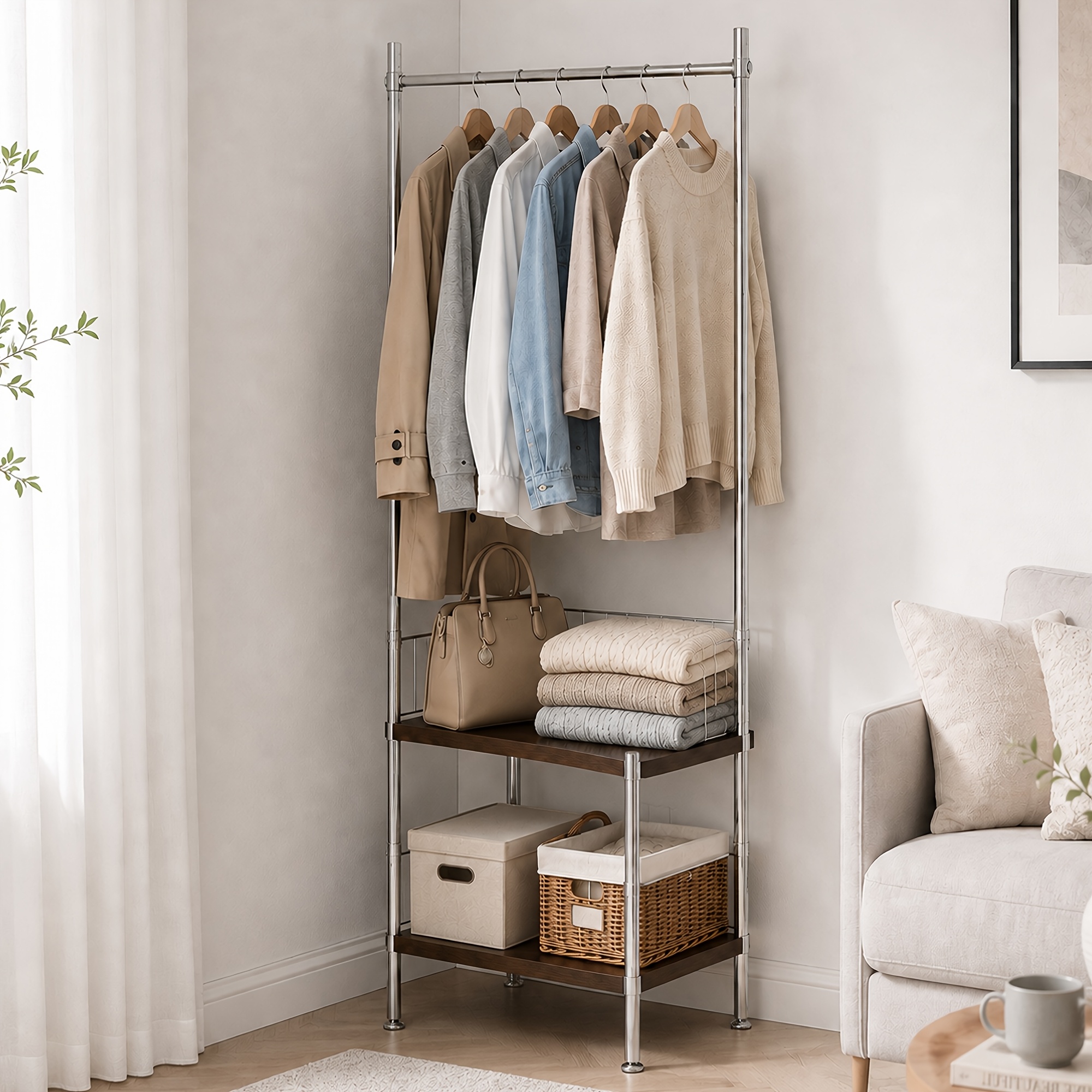 Image of Free-standing Coat Rack, Double-tier Shelving Unit, Metal Hanging Rail, Hall Shoe And Hat Rack, Multifunctional Corner Clothes Rack; Suitable For Living Rooms, Bedrooms, , , And Boutiques