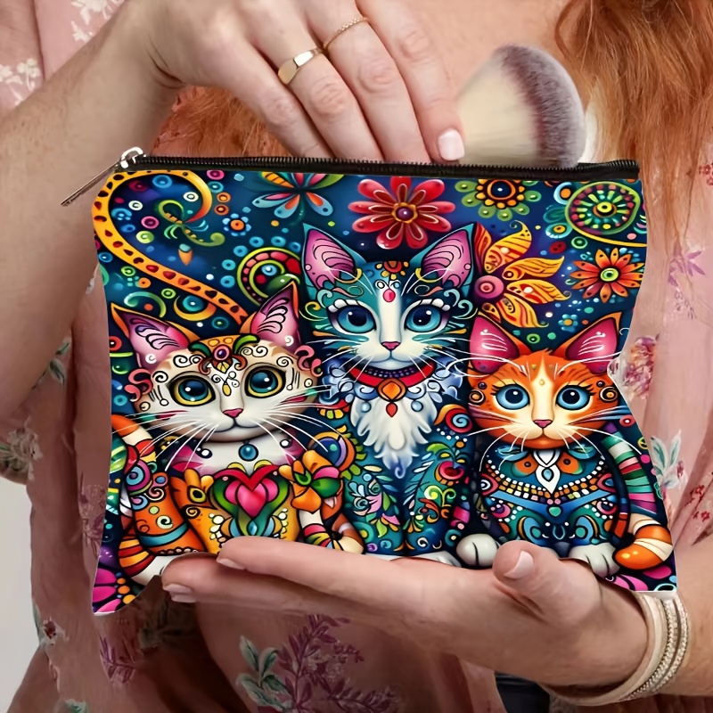 

Bohemian Cat Pattern Linen Makeup Bag For Women, Travel-friendly With Safety Zipper, Lightweight Cosmetic Pouch, Makeup Bag, Zipper Light