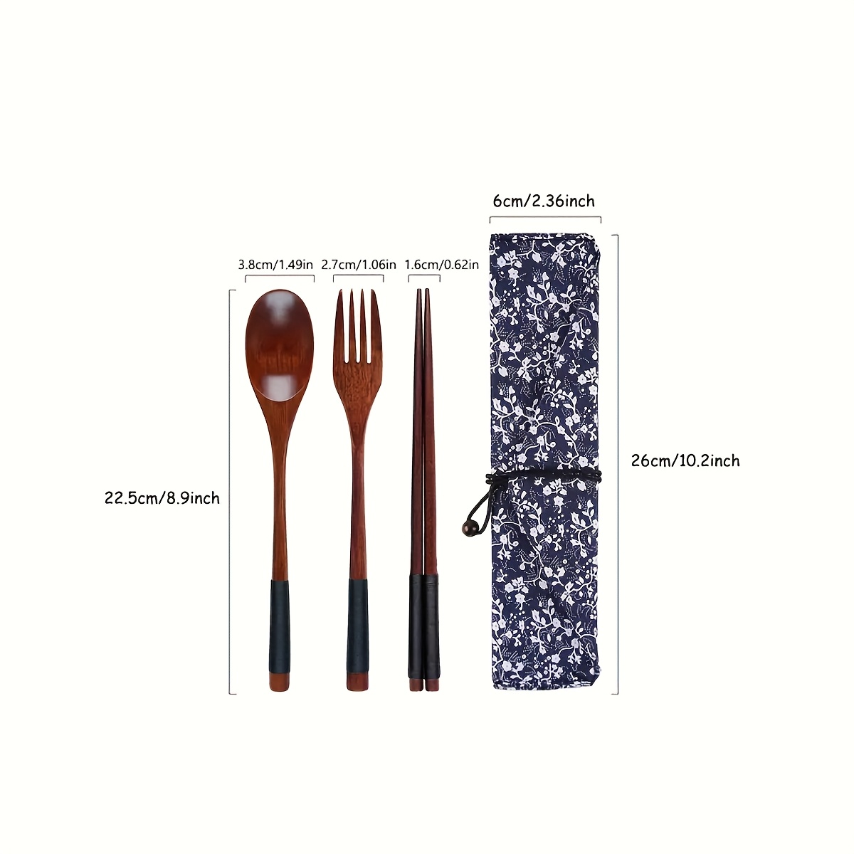 E-shop 3-teiliges Japanisches Holzbesteck-Set mit Retro-Stofftasche – Ideal für Reisen, Picknicks oder den – Inklusive Löffel, Gabel und Stäbchen