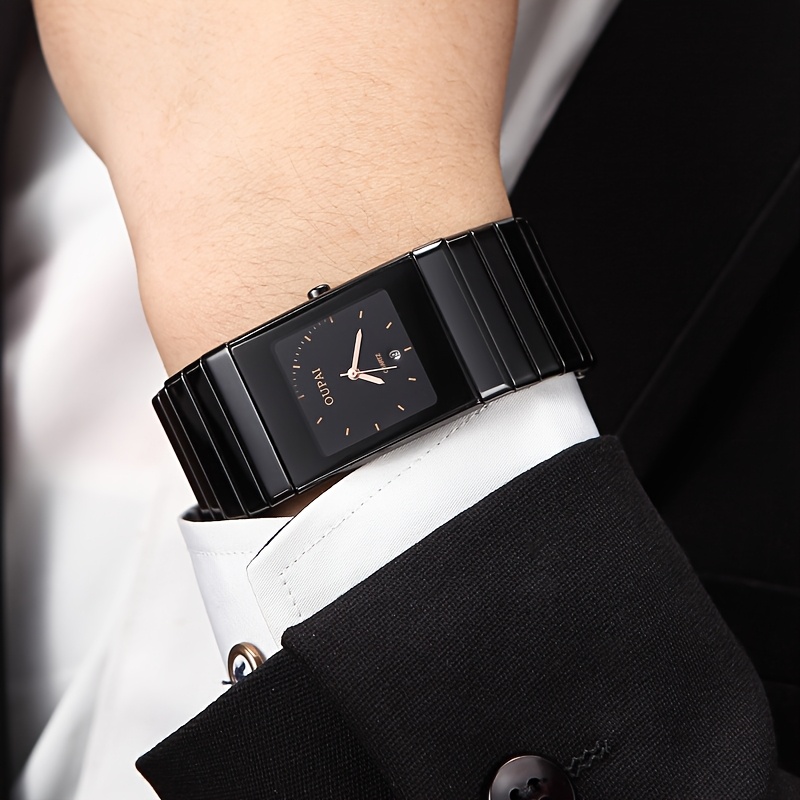 Oupai Men's Square Dial Watch with Ceramic Strap, 27mm Rectangular Wristwatch Featuring Bar Indexes, Calendar Display, Simple Casual Style Suitable for Daily Wear
