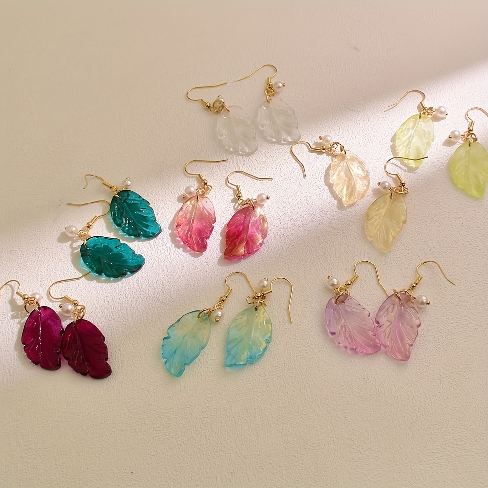 Image of 8 Pairs/set Women's Bohemian Leaf Drop Earrings, Lightweight Glass Dangle Earrings For Women, Elegant Daily Jewelry, Perfect For Travel, Valentine's Day Gift, New Year Gift