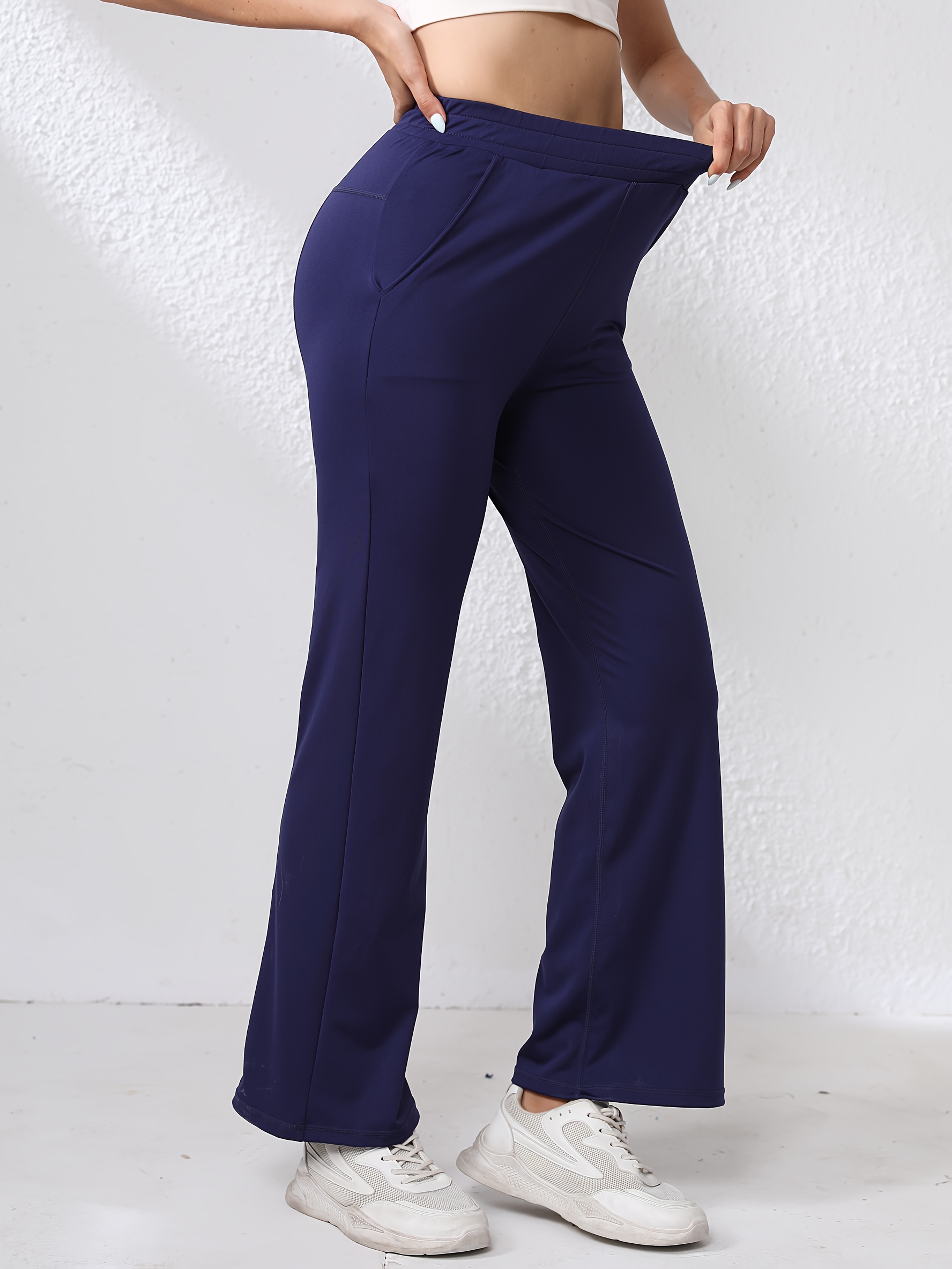 women's navy blue high waisted straight leg pants pockets Temu