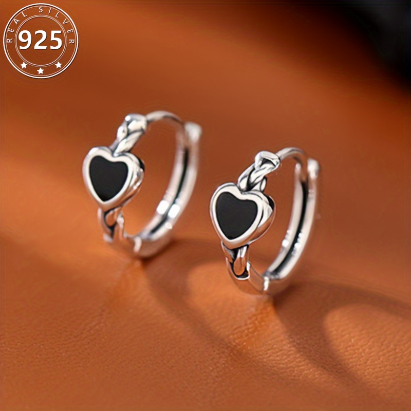 

S925 Sterling Silver Hoop Earrings With Black Heart Design, Elegant Sexy Style For Women Party Earrings Jewelry 1.9g/ 0.067oz