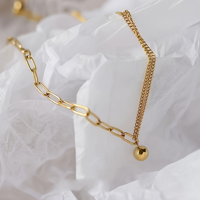 TEMU Bracelet de cheville double couche élégant et stylé en acier inoxydable doré avec pendentif rond pour les vacances décontractées