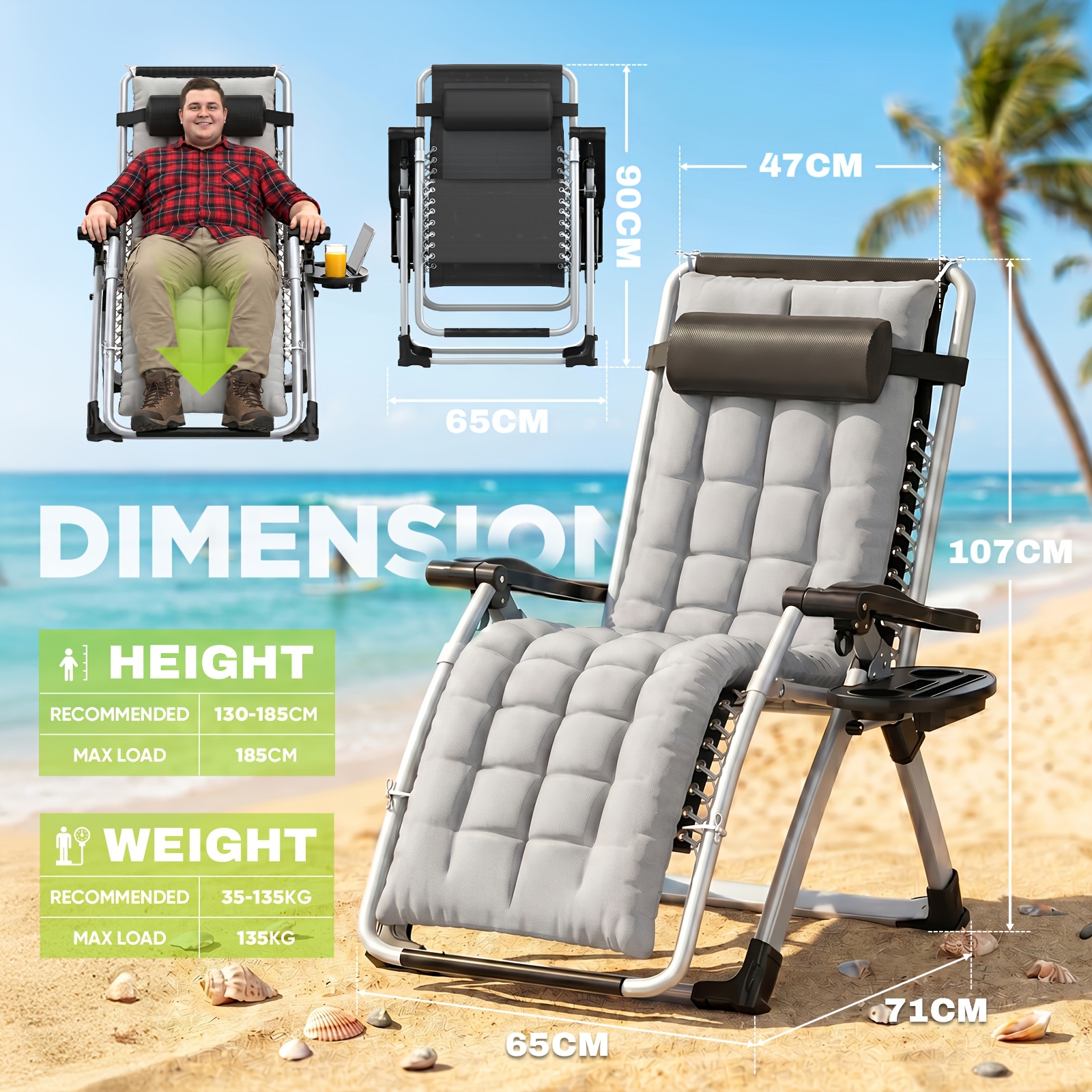 Foldable Camping Lounge Chair, Adjustable Garden Lounger With Pillow & Side Pocket, Portable Beach Chair Up To 135kg, 90-170° Ergonomic Relax Chair For Camping, Beach, Garden & Balcony
