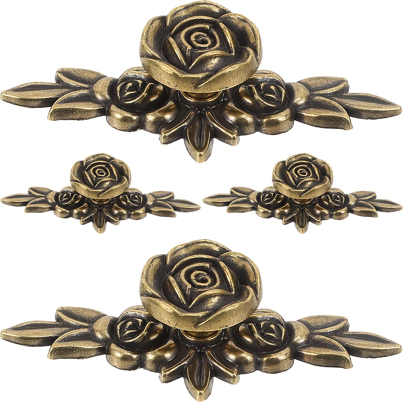 4pcs Large Rose Decorative Drawer Handle With Plate, Vintage Flower Shape Drawer Handle For Closet, Drawer, Cabinet Diy , With Attachment