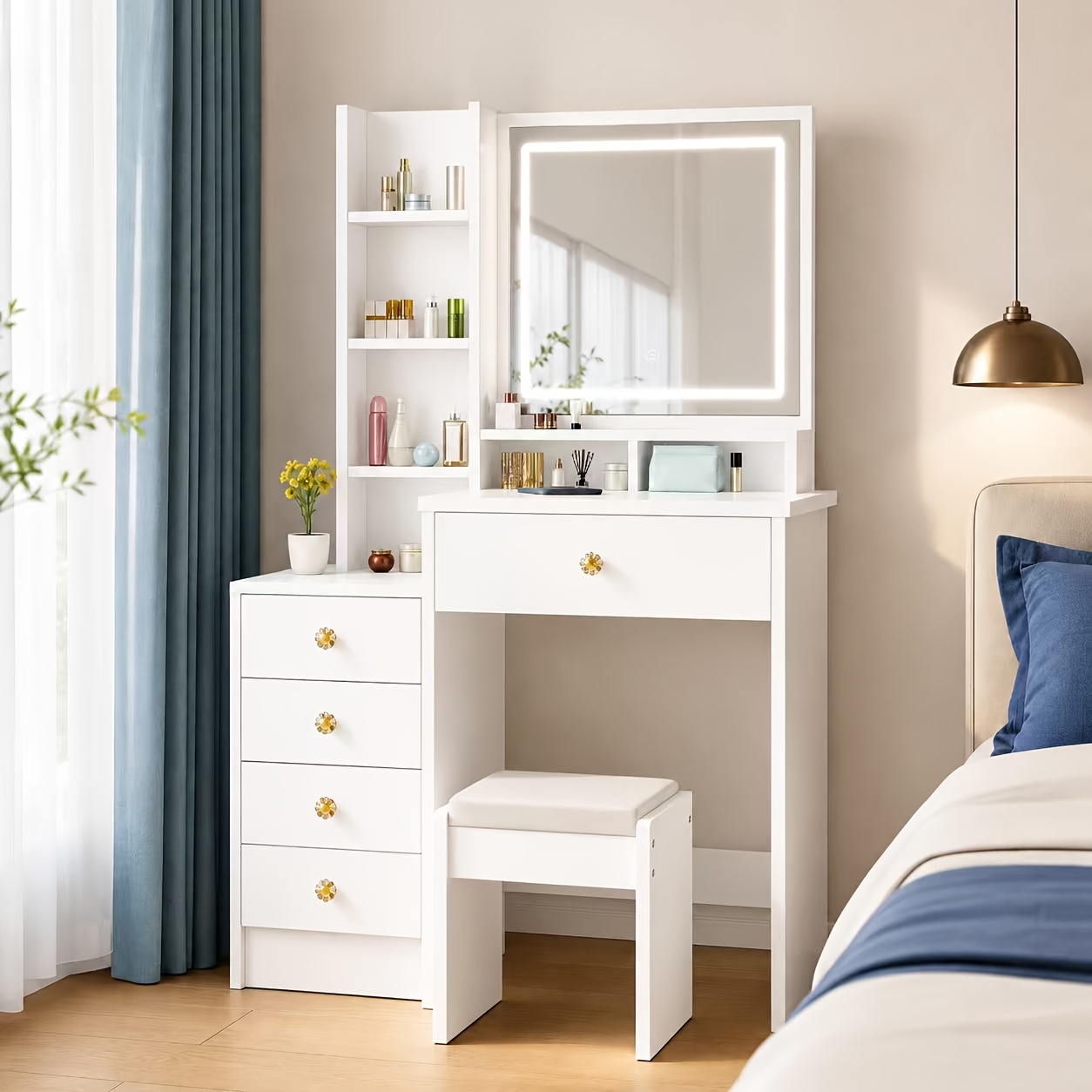 TEMU Coiffeuse de Cosmétique, Bureau de Toilette avec et , Ensemble de Coiffeuse à 5 Tiroirs avec Tabouret et Étagères Ouvertes, de Toilette à 3