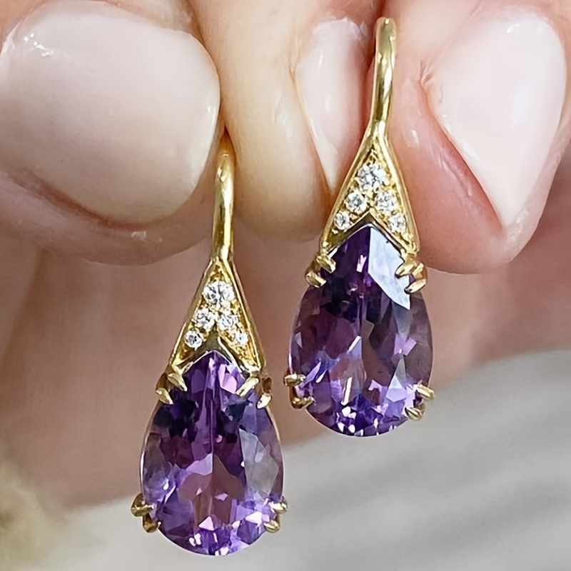 TEMU 1 Pair Of Fashionable Hanging Earrings For Women, Teardrop Shaped Purple Synthetic Zirconia Pendant Earrings, Elegant French Hook Earrings Suitable For Women' Leisure And Banquet Wear