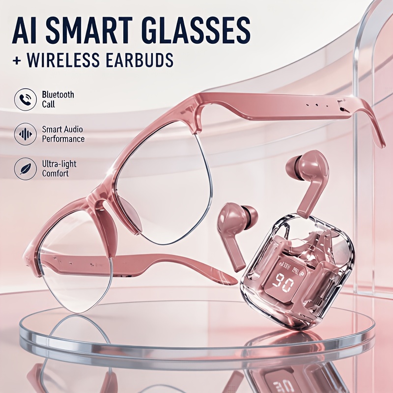 TEMU Ai Translation Glasses With Wireless Headset, Open-ear Video Glasses, , Long , Suitable For Business Travel, Overseas Travel, Great Gift For
