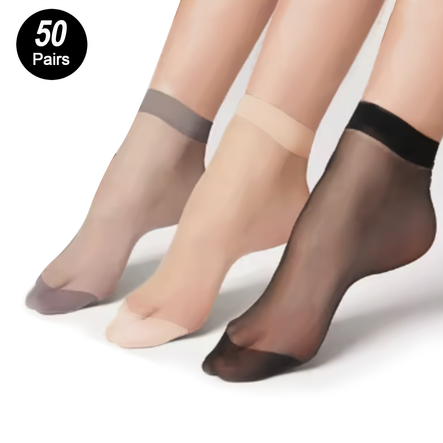 

50pcs Elegant Women's Sheer Short Socks - 15d Nylon & Spandex , Solid Color, Machine Washable