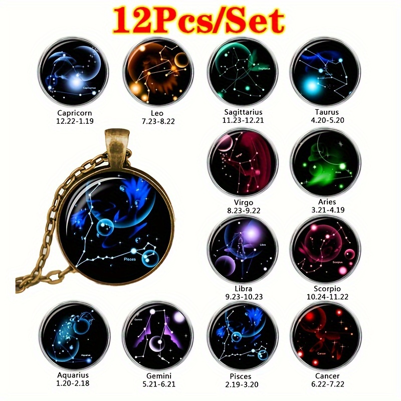

12pcs/set Zodiac Charm Necklace -1pc Glow-in-the-dark Glass Orb Pendantunisex Astrology-inspired Accessory For Everyday Wear