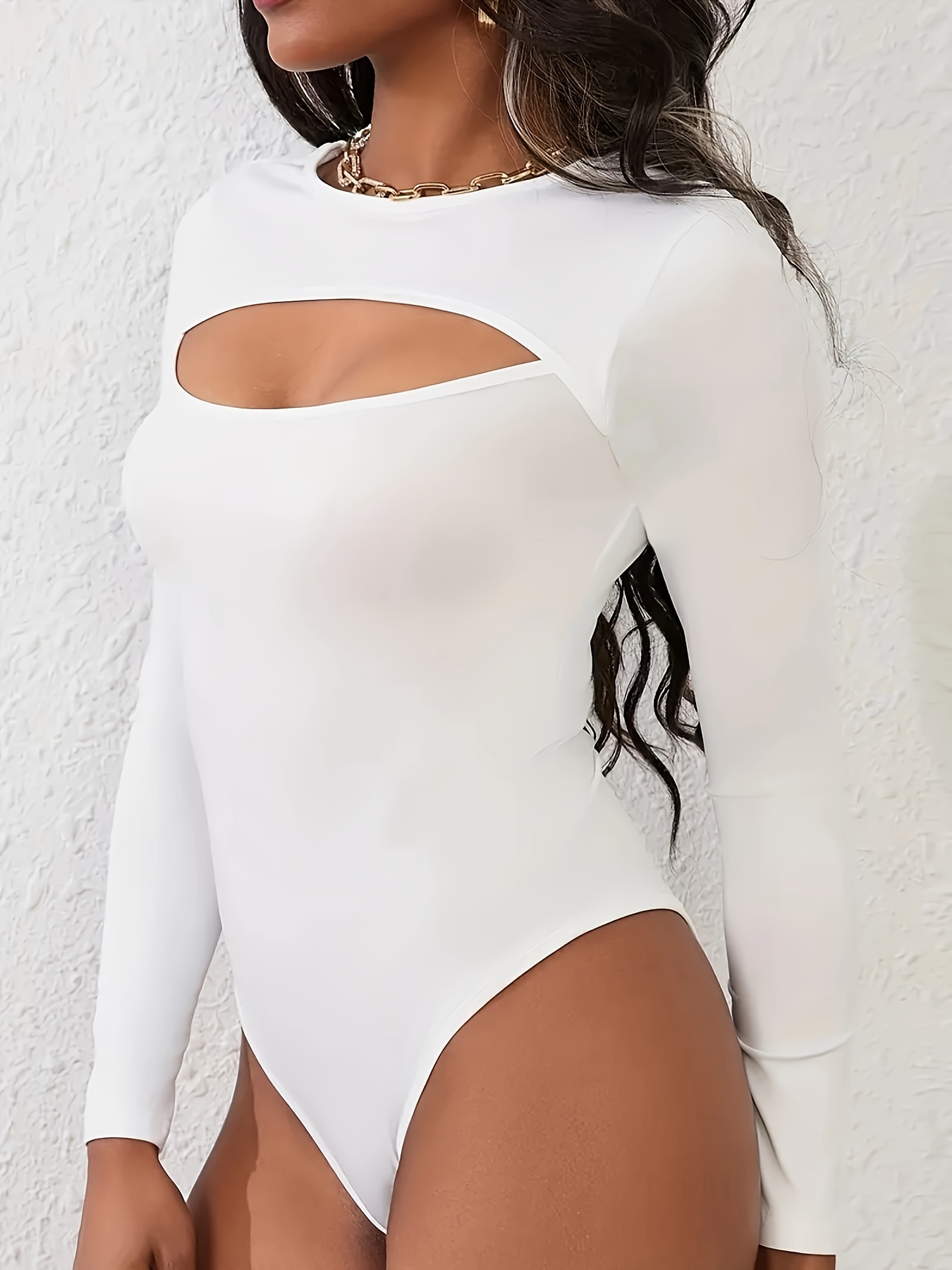 Solid Crew Neck Long Sleeve Stretchy Bodysuit Mature Sexy - Temu