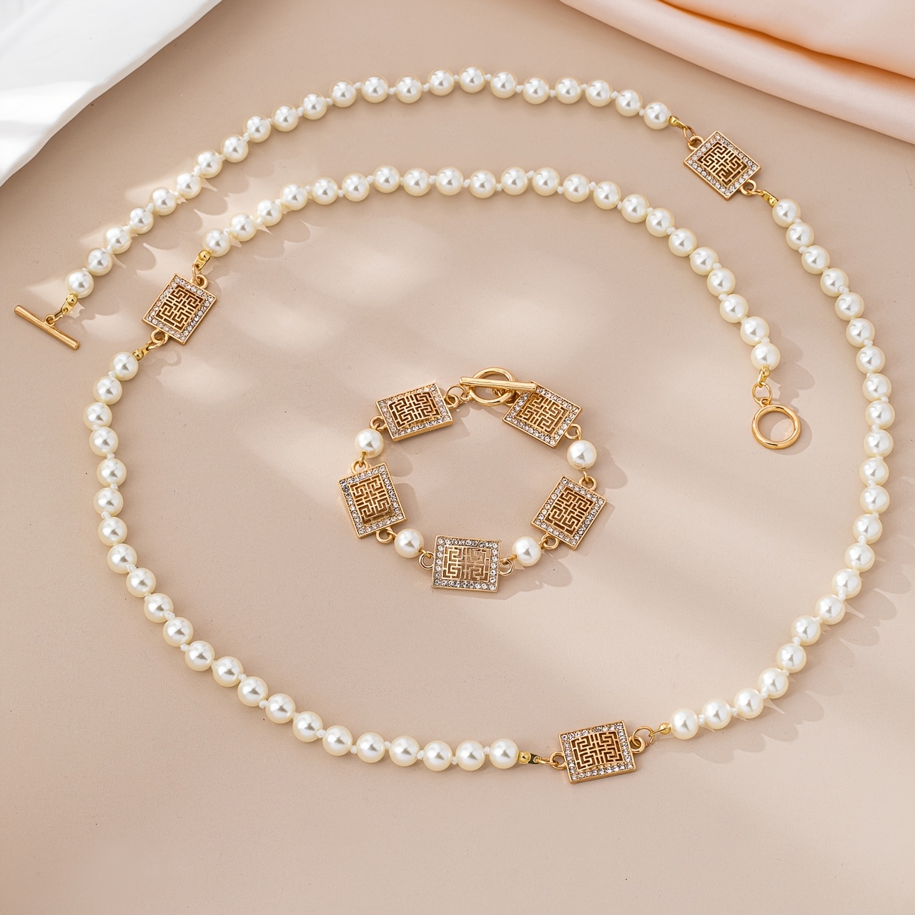 Image of Elegant Vintage Glass Set: Bracelet + Long Necklace, Hand-knotted Beaded Jewelry Set For Women, Perfect For Parties And Banquets