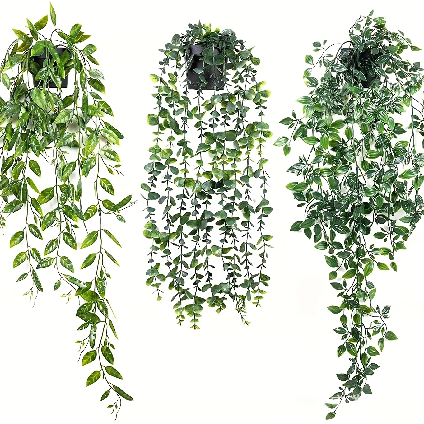 Image of 3pcs Artificial Hanging Potted Plants, Fake Eucalyptus Vine, Mandala Vine And Pea Pods, Indoor Outdoor Decor With Pots