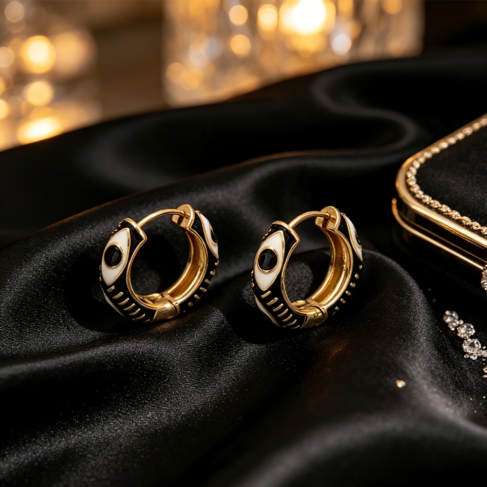 TEMU Boucles d'oreilles créoles œil de démon avec émail dégoulinant et bordure dorée, petites boucles d'oreilles créoles à clip géométriques tendance