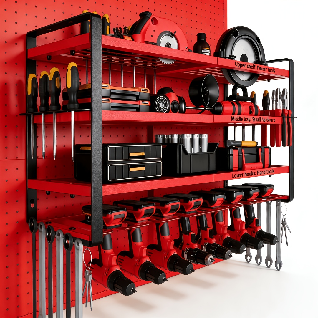 TEMU [random Color] 34.6in Large Power Tool Organizer Wall Mount, 4 Layer Heavy Duty Metal Garage Storage Rack With Screwdriver Holder, Cordless Tool