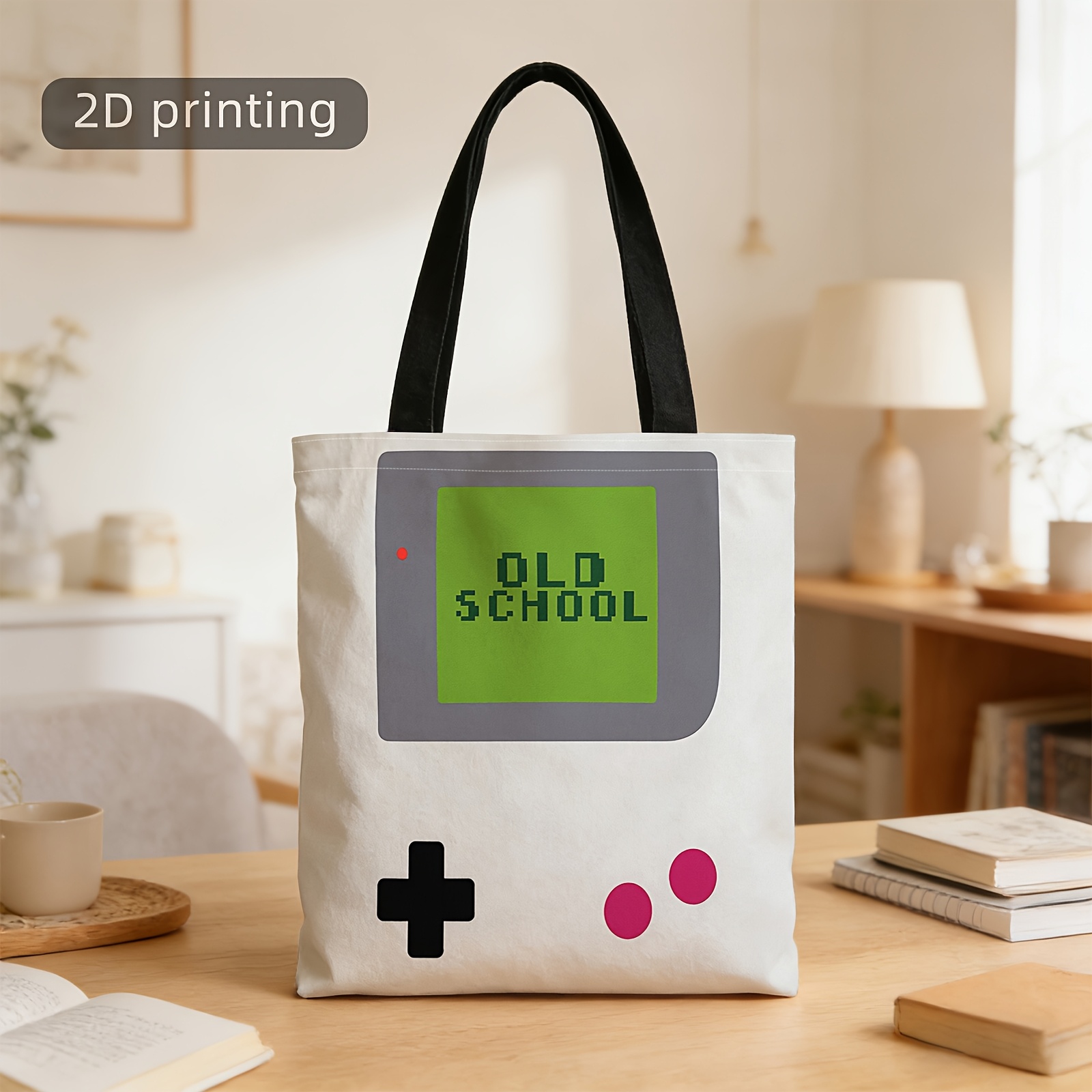 TEMU A 2d Printed Tote Bag, Vintage Style, Video Game Theme, Old-school Style, , Nostalgic Design, Fashionable Shoulder Bag, Handbag, Shopping Bag,