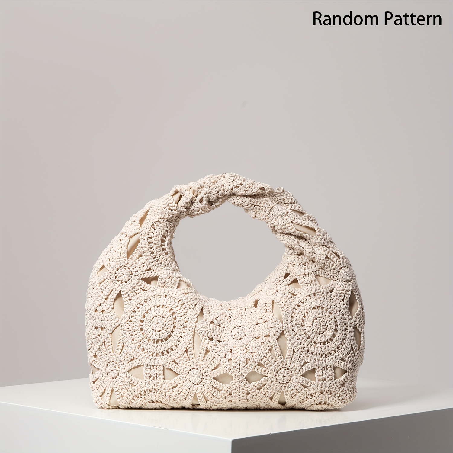 TEMU Sac à Main Tissé Crochet Géométrique Bohème - Tote de Plage Léger en Polyester avec Fermeture Éclair et Bandoulière Fixe, Sac Beige/Noir pour ,