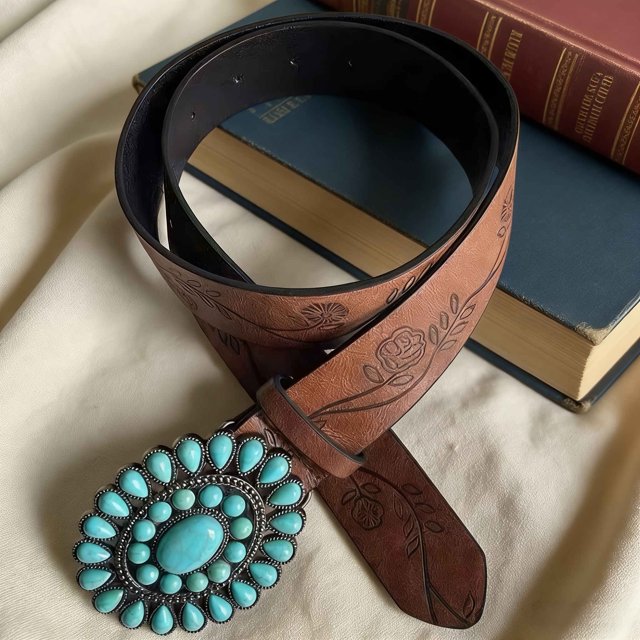 TEMU Women's Belt 2026 New Turquoise Western Cowboy Jeans Belt, Niche High-end Accessory, Waist Belt