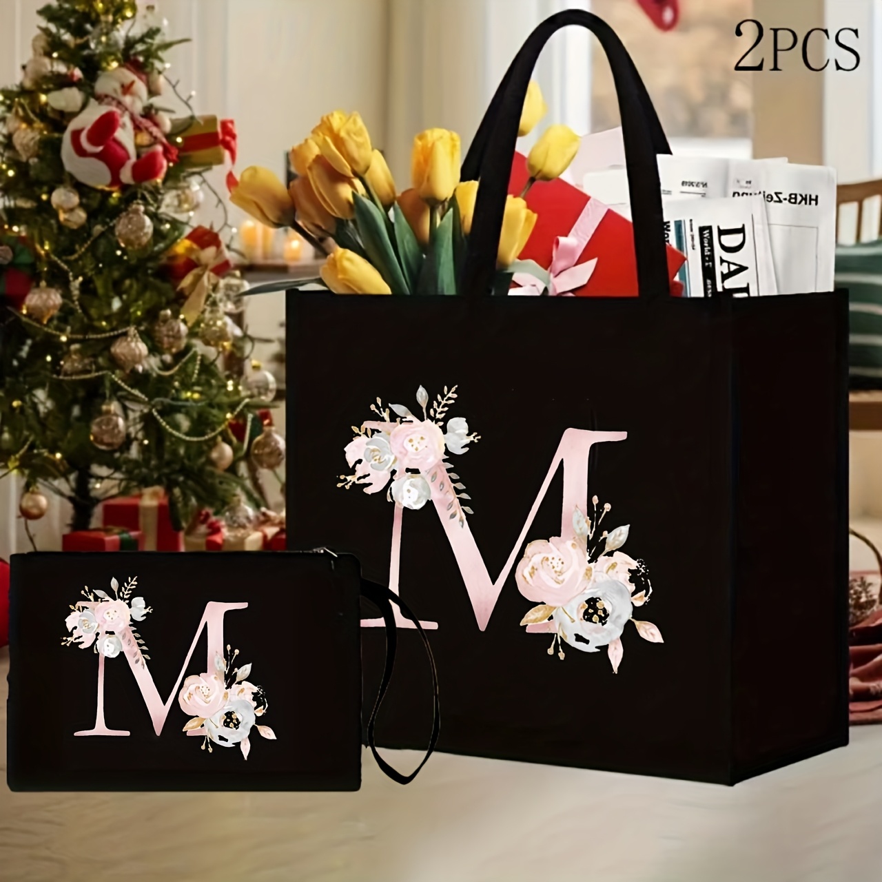 E-shop 2er-Set Tragetaschen mit -Druck, große Schultertasche und Handtasche, wiederverwendbare lässige Damen-Tasche mit Buchstaben und Einkaufstaschen,