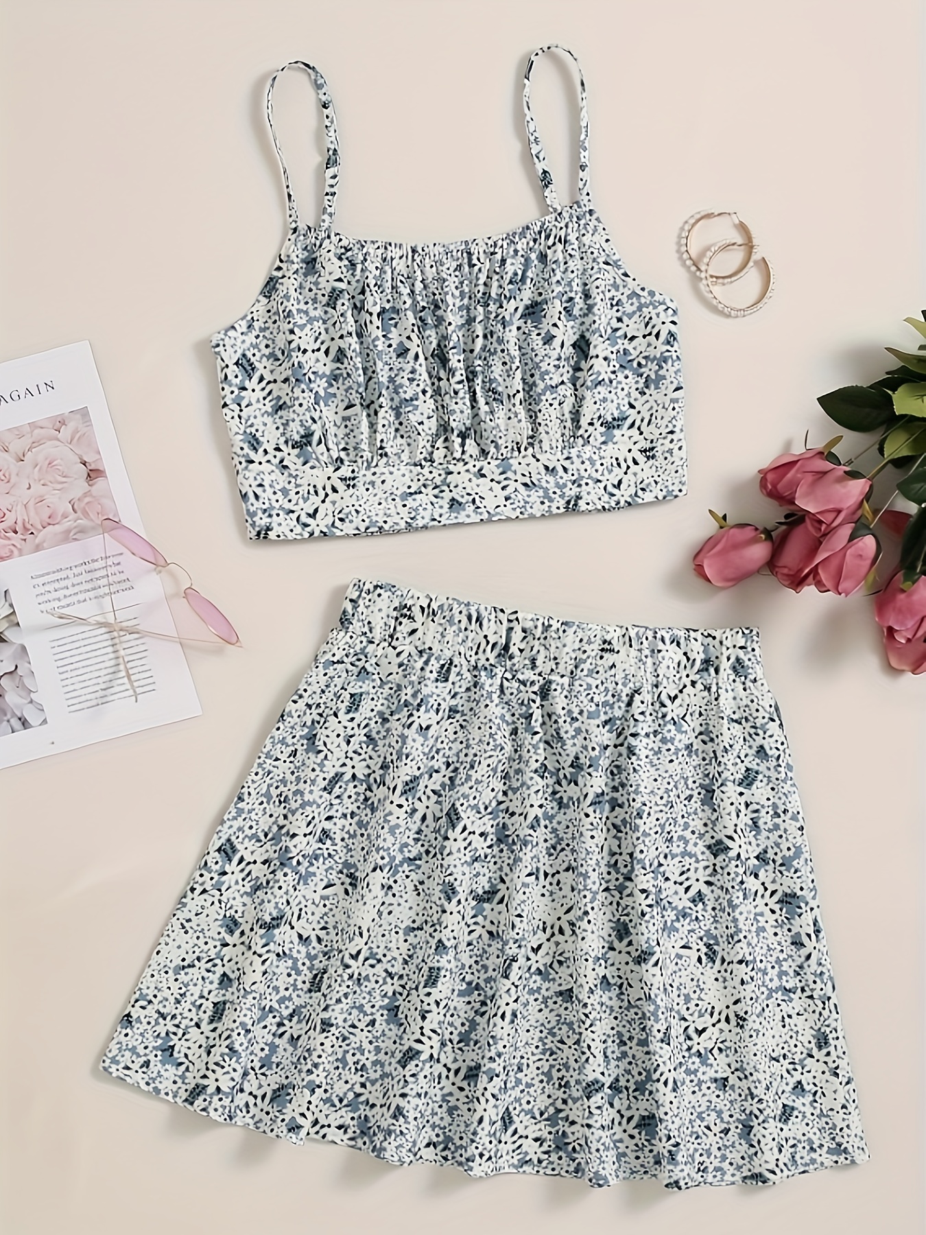 Floral Cropped Top Mini Skirt Co Ord Set Blue