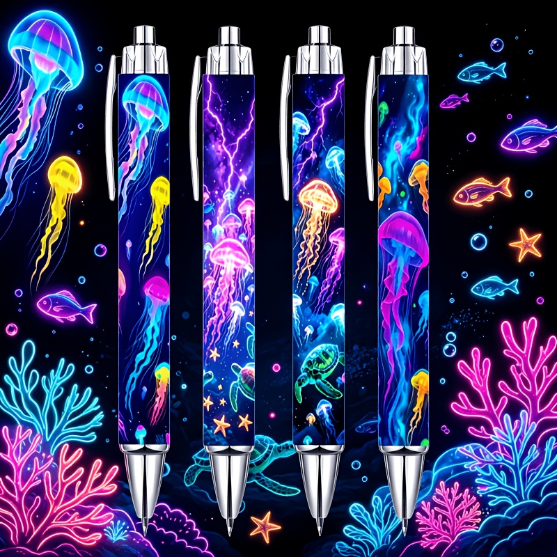 TEMU 4pcs Cyber Neon Glow Jellyfish Ballpoint Pens, Sea Turtle And Starfish Element Printed , Anime Study And Office Stationery, Creative Collectible