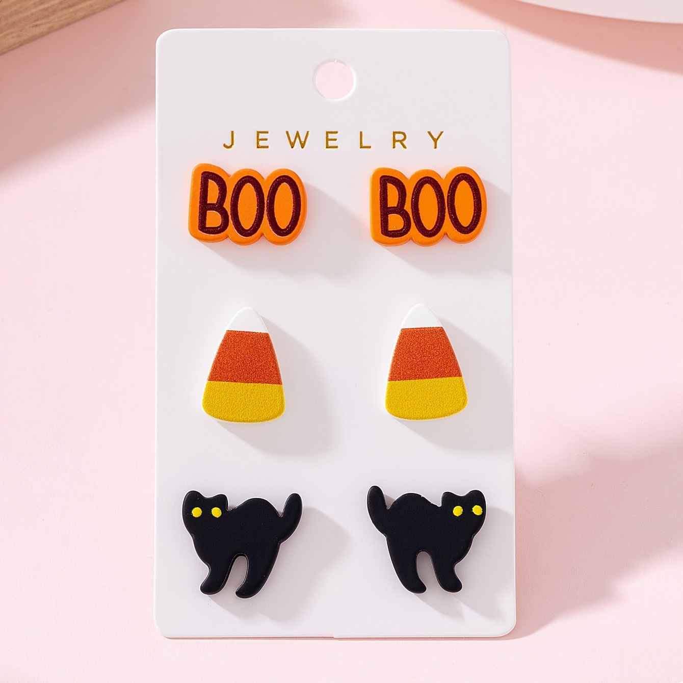 TEMU 3 Pairs/set Halloween Scary Boo Corn Black Cat Glossy Design Women's Stud Earrings Set, Perfect Gift For Holiday Parties