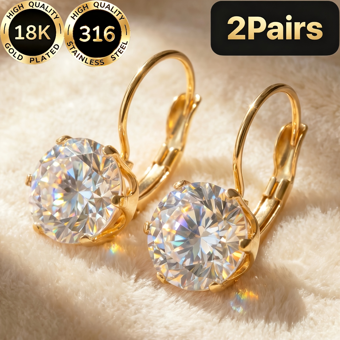 TEMU High-quality Steel 18k Golden Plated Hypoallergenic Facial Contouring Light Luxury Elegant Temperament White Round Synthetic Zirconia With Claw