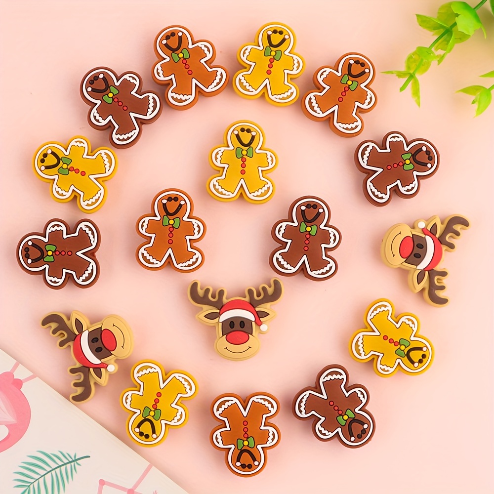 

6pcs Christmas-themed Silicone Beads Set - Reindeer & Gingerbread Man, Ideal For Diy Crafts, Bead Pens, Keychains, And Ornaments