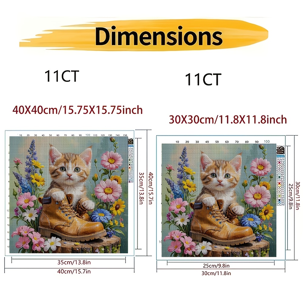 Stitch Print Set, Little Cat Sitting on Boots with Flowers