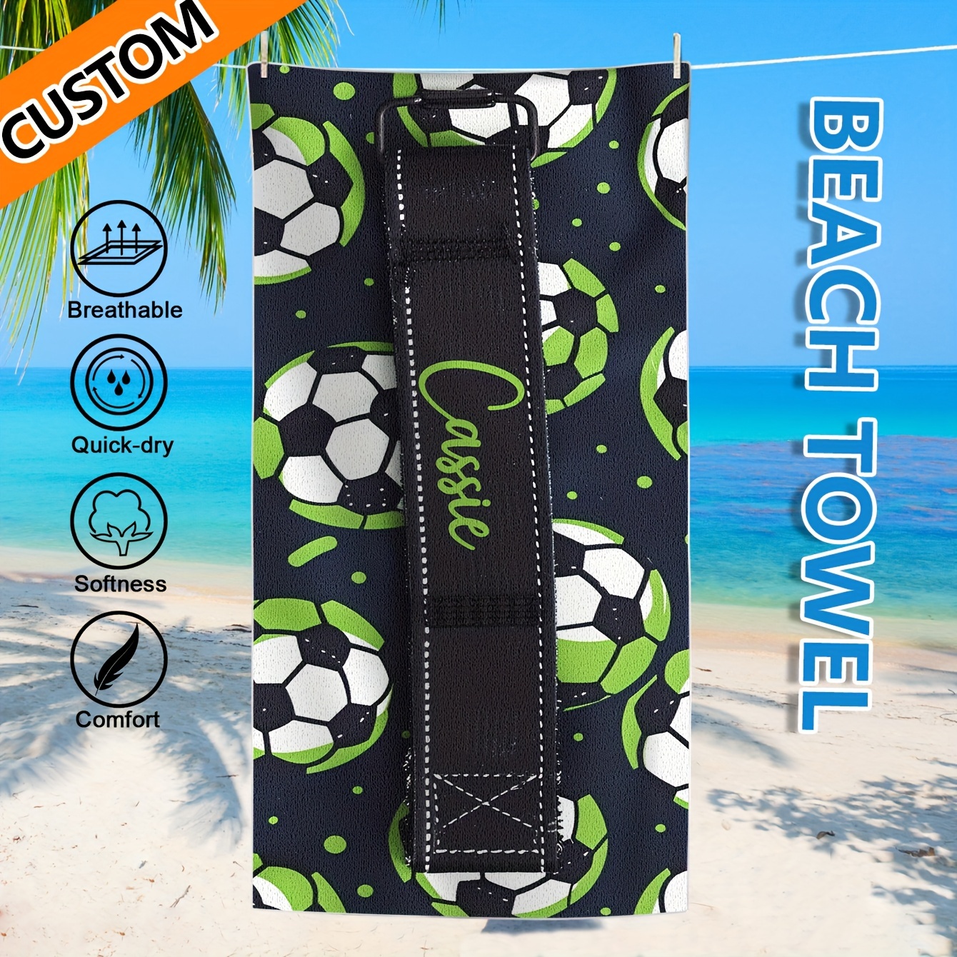 

1pc Customized Beach Towel, Football Pattern Personalized Beach Blanket, Super Absorbent & Quick-drying Swimming Towel, Suitable For Beach Swimming Outdoor Camping Travel, Ideal Beach Essentials