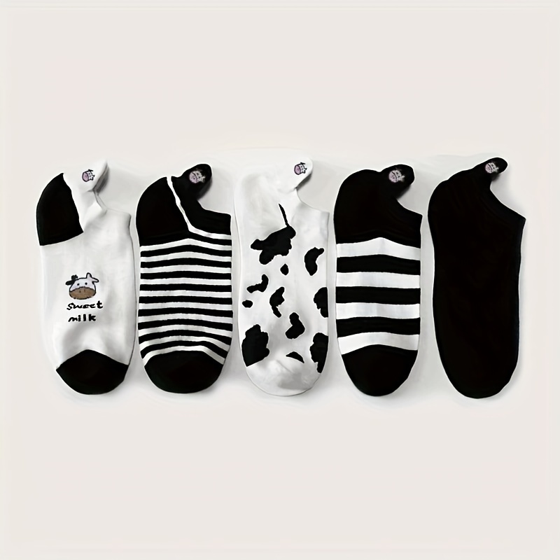 5-pack/10-pack Women's Low-cut Cartoon Cow Print Striped Ankle Socks