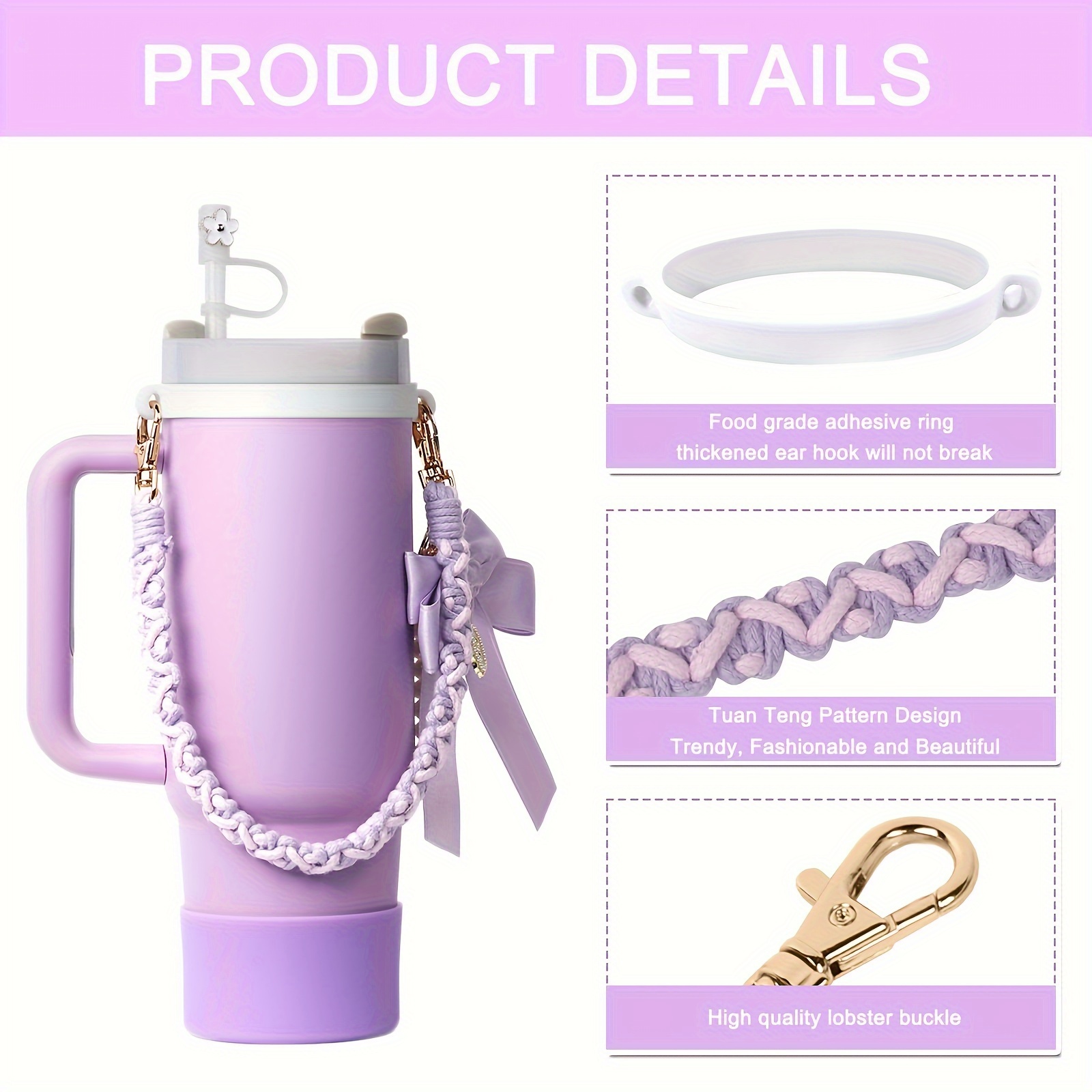 

1set Silicone Cup Accessory Kit, Braided Chic Strap With Pearl & Bow Charms, Universal Fit For 30/40oz Tumblers, Food-grade, , For Valentine's, Women's, Day, & Ramadan Gifts (cup Not Included)