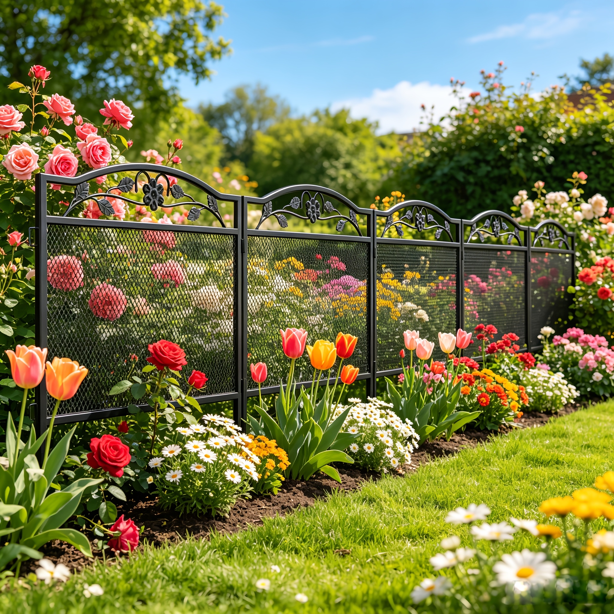 TEMU [Plat 2D] Lot de 5 panneaux de clôture de jardin décoratifs en métal à fil épais, 80 cm de hauteur et 80 cm de largeur, revêtement noir, bordure