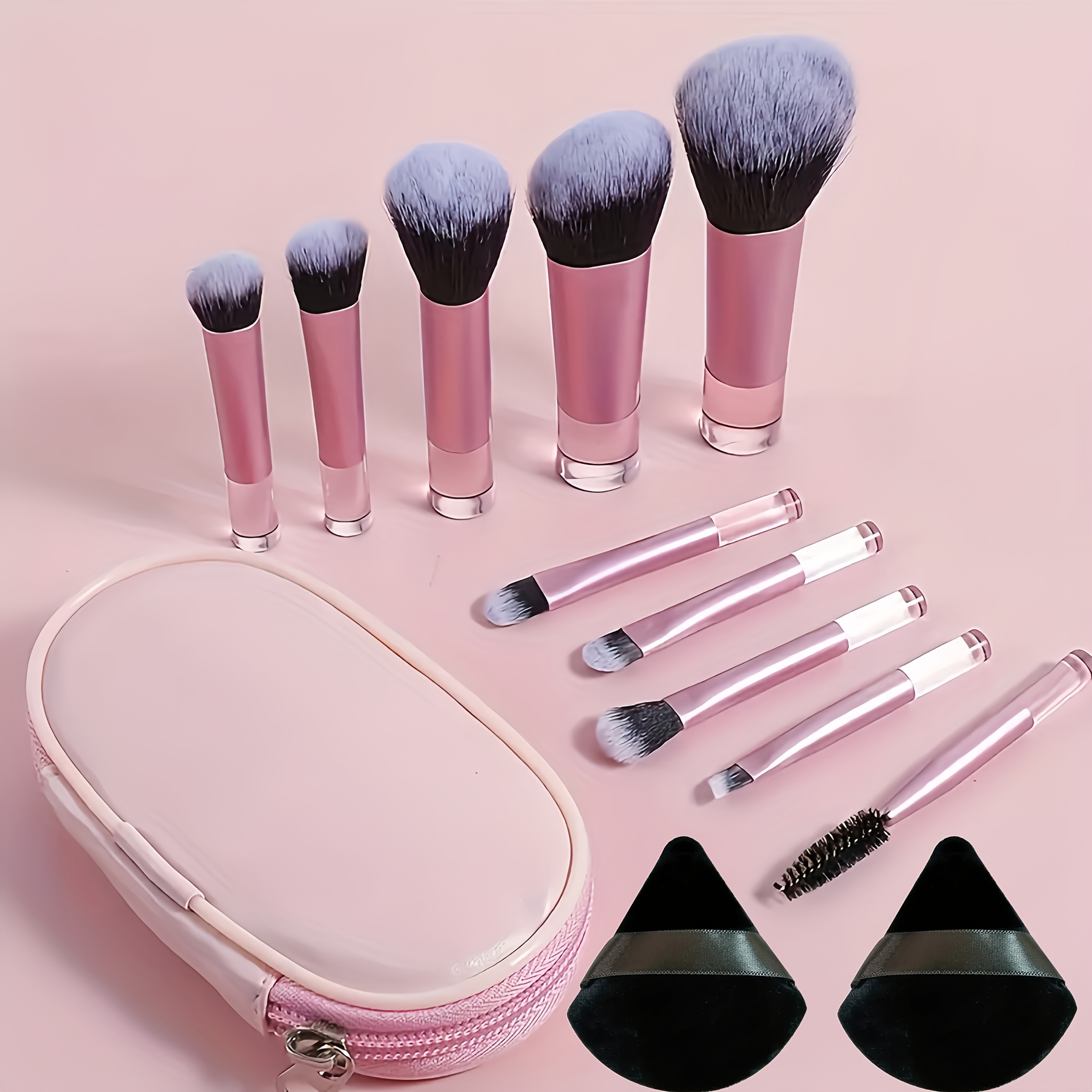 TEMU 13pcs Travel Makeup Brush Set, Including 10 Makeup Brushes And 2 Black Triangular Sponges, Cloth Packaging, A Must-have Makeup Brush Set For