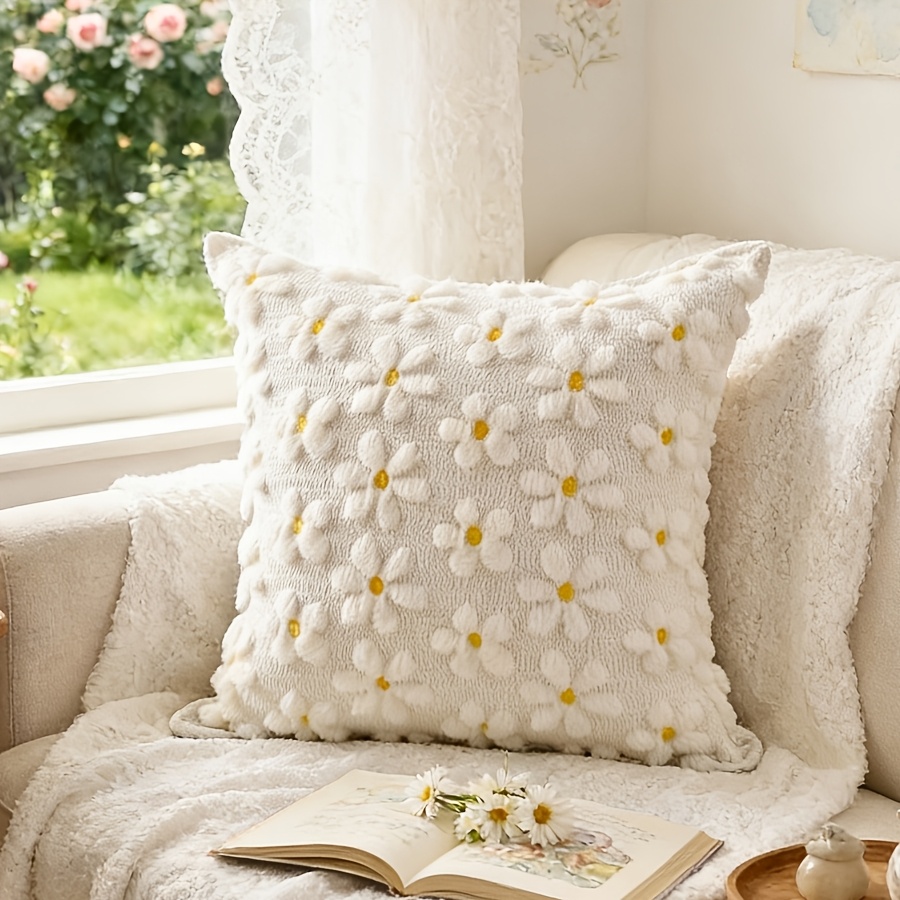 E-shop ., 3D Gänseblümchen Blume und Blatt Gesteppter Plüsch Kissenbezug, INS Stil Minimalistischer Amerikanischer Landhaus Schlafzimmer Sofa