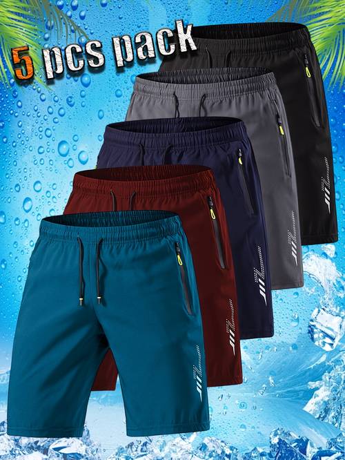 5pcs mens quick dry training shorts ice silky fiber moisture wicking athletic shorts with zippered pockets elastic waistband breathable suitable for gym basketball running summer workout gear machine washable quick