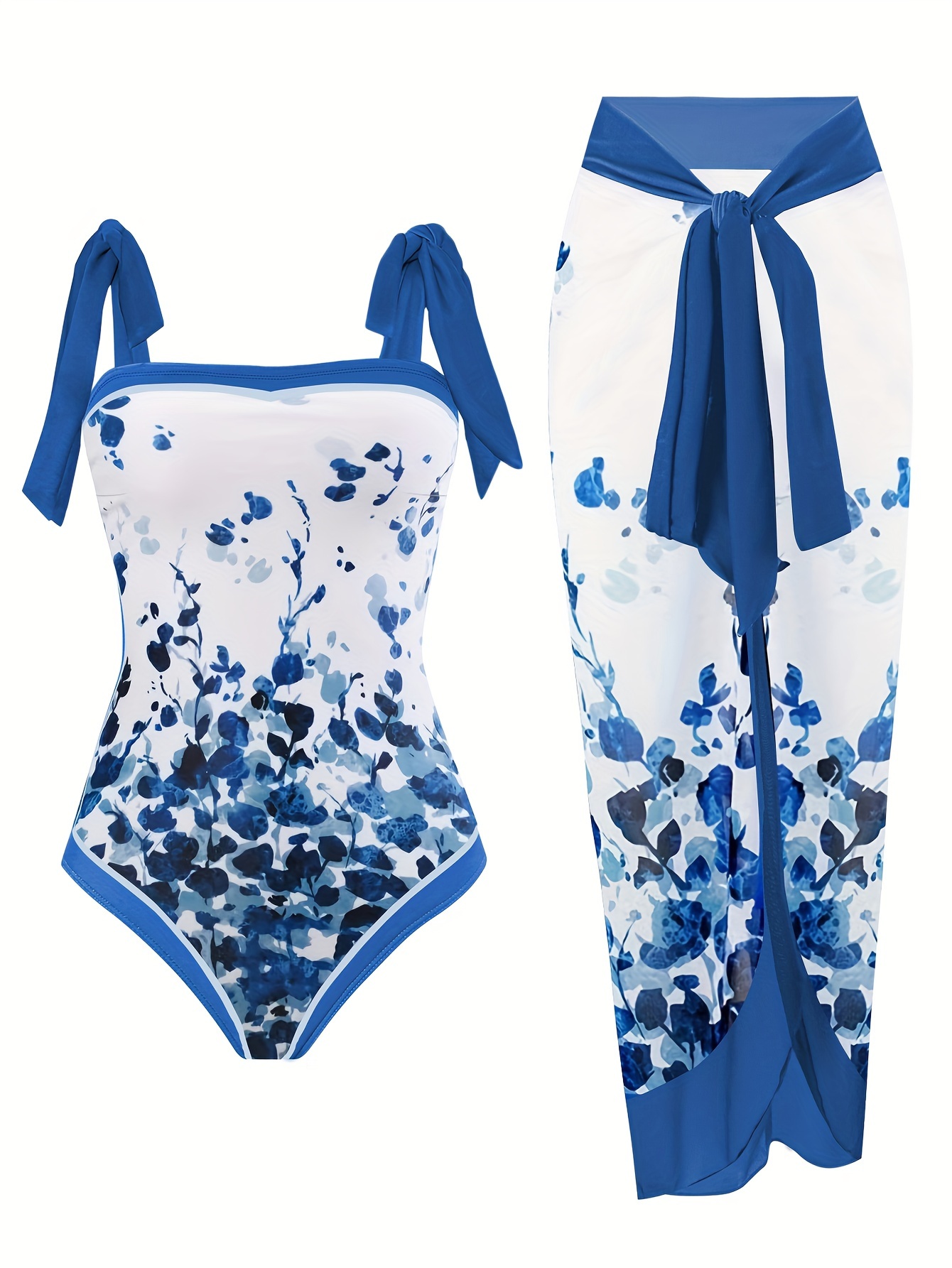 Plus Size Retro Tankini Set, Women's Plus Floral Print Tie Shoulder *  Swimsuit & Wrap Skirt Tankini Two Piece Set